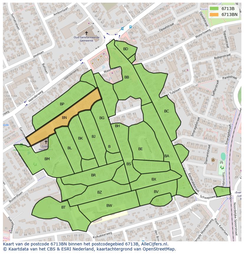 Afbeelding van het postcodegebied 6713 BN op de kaart.
