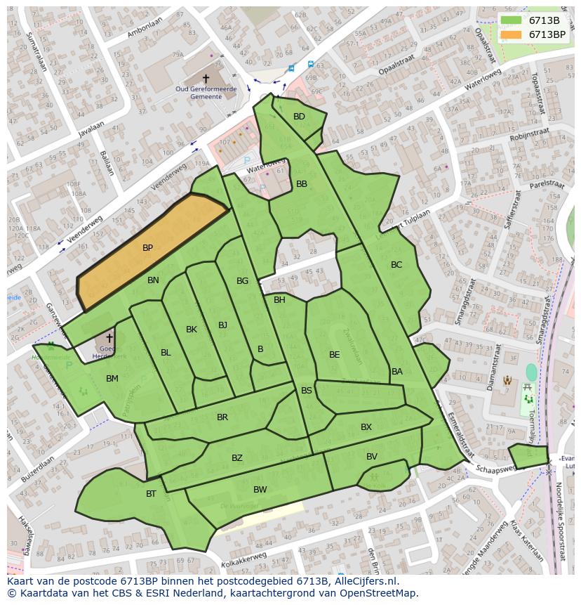 Afbeelding van het postcodegebied 6713 BP op de kaart.