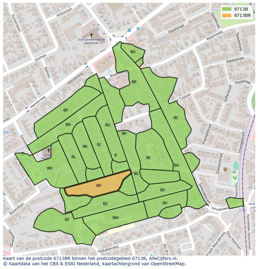 Afbeelding van het postcodegebied 6713 BR op de kaart.
