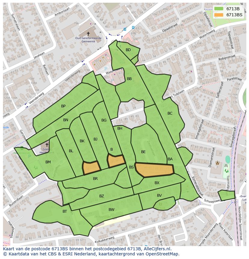 Afbeelding van het postcodegebied 6713 BS op de kaart.