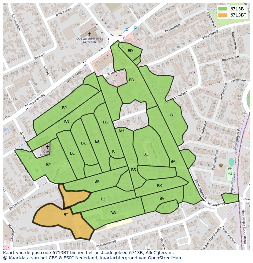 Afbeelding van het postcodegebied 6713 BT op de kaart.