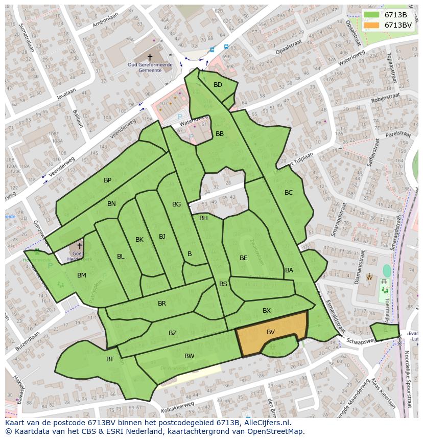 Afbeelding van het postcodegebied 6713 BV op de kaart.