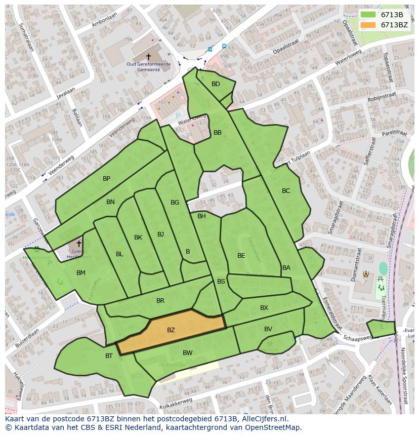Afbeelding van het postcodegebied 6713 BZ op de kaart.