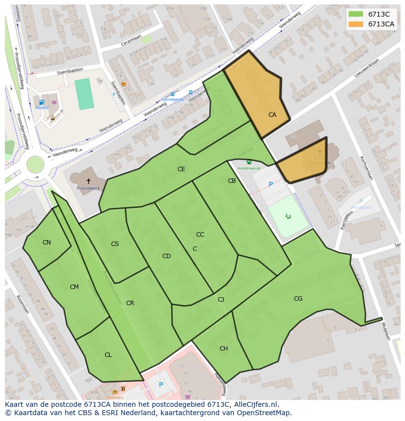 Afbeelding van het postcodegebied 6713 CA op de kaart.