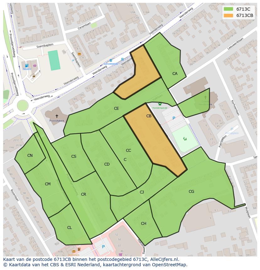 Afbeelding van het postcodegebied 6713 CB op de kaart.