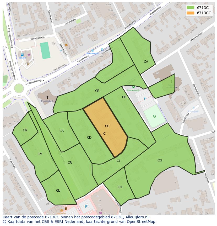 Afbeelding van het postcodegebied 6713 CC op de kaart.