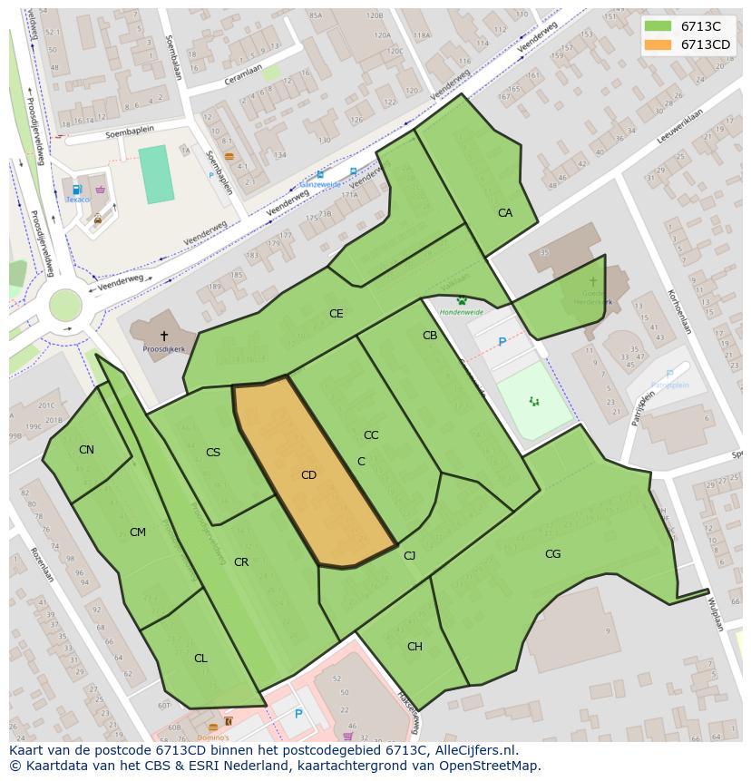 Afbeelding van het postcodegebied 6713 CD op de kaart.
