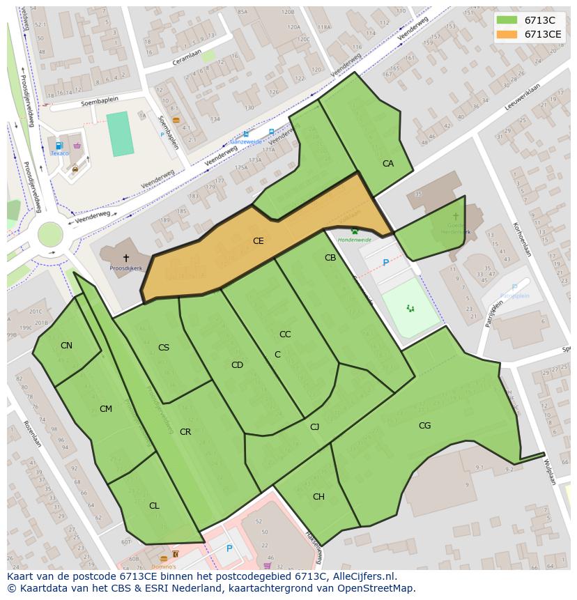 Afbeelding van het postcodegebied 6713 CE op de kaart.