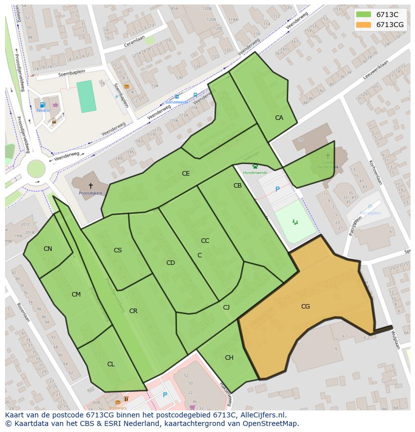 Afbeelding van het postcodegebied 6713 CG op de kaart.