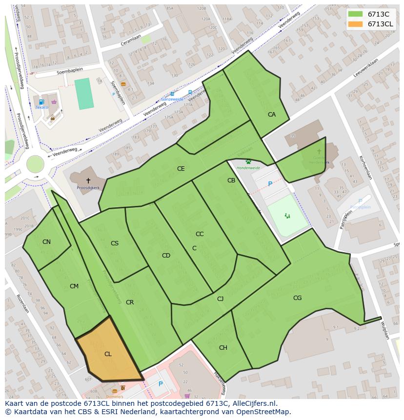 Afbeelding van het postcodegebied 6713 CL op de kaart.