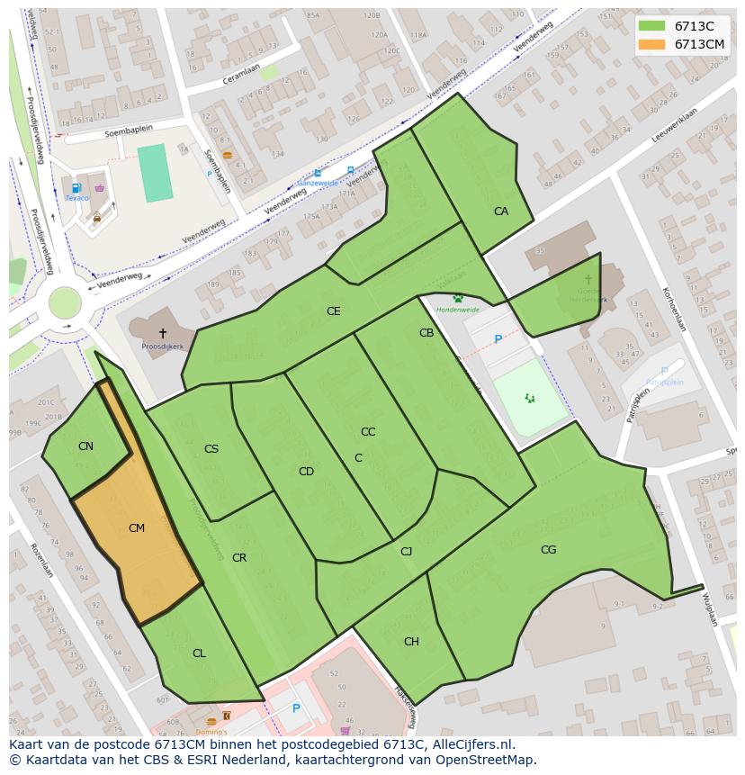 Afbeelding van het postcodegebied 6713 CM op de kaart.