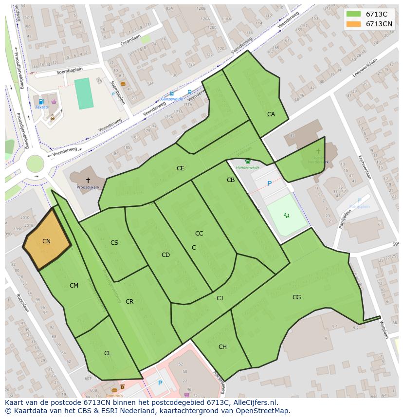 Afbeelding van het postcodegebied 6713 CN op de kaart.