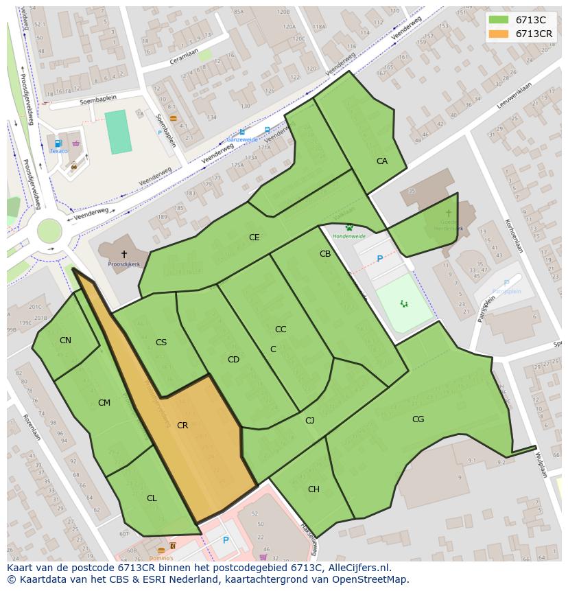 Afbeelding van het postcodegebied 6713 CR op de kaart.