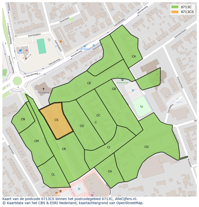 Afbeelding van het postcodegebied 6713 CS op de kaart.
