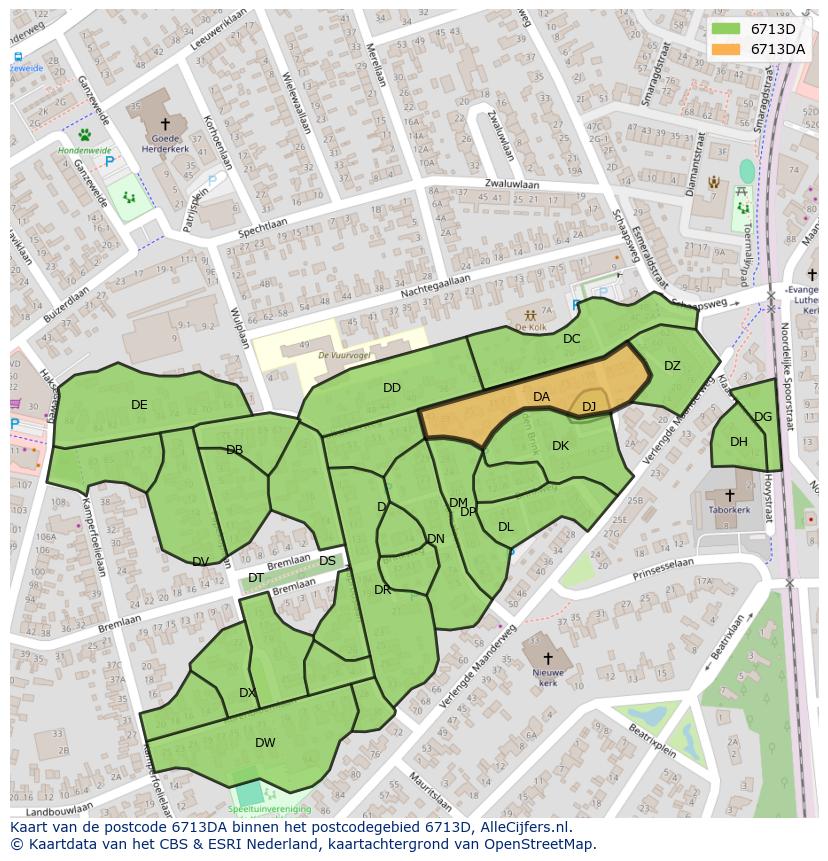 Afbeelding van het postcodegebied 6713 DA op de kaart.