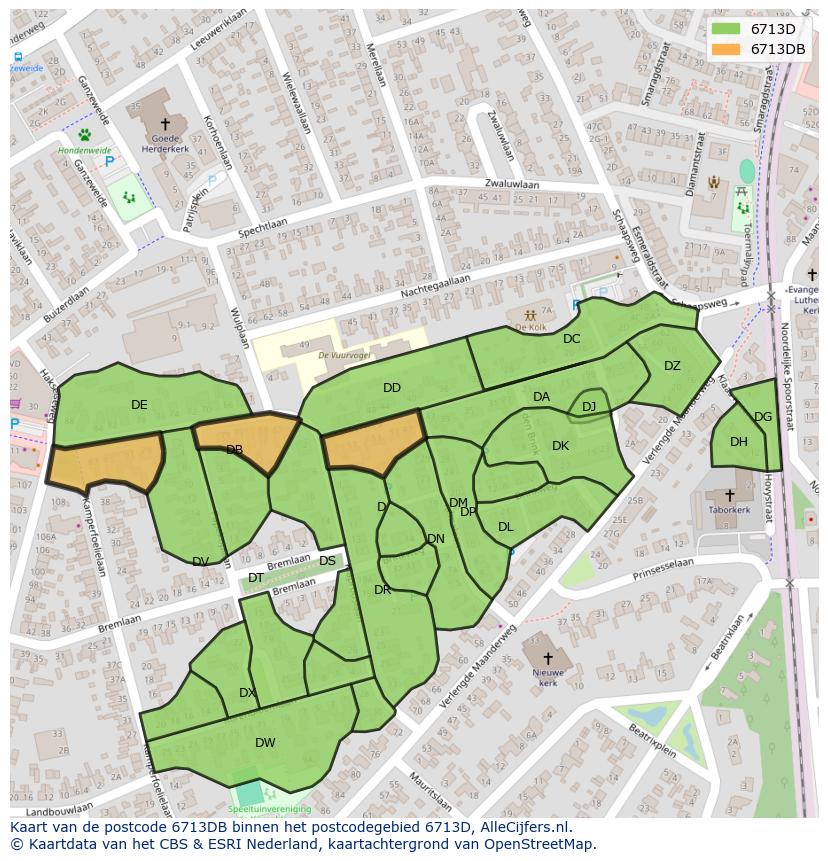 Afbeelding van het postcodegebied 6713 DB op de kaart.