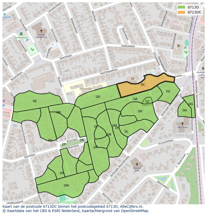 Afbeelding van het postcodegebied 6713 DC op de kaart.