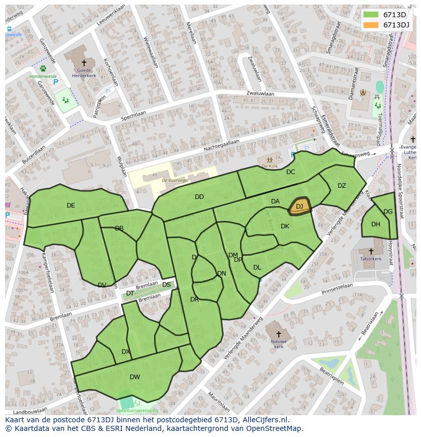 Afbeelding van het postcodegebied 6713 DJ op de kaart.
