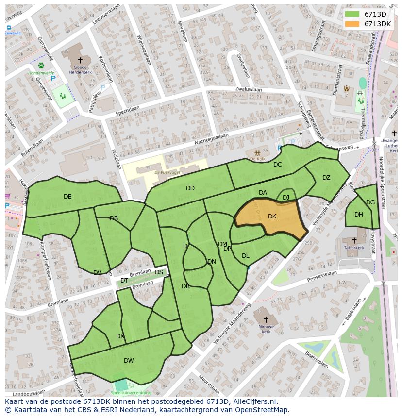 Afbeelding van het postcodegebied 6713 DK op de kaart.
