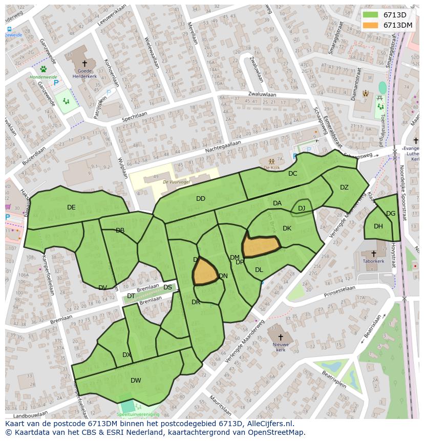 Afbeelding van het postcodegebied 6713 DM op de kaart.