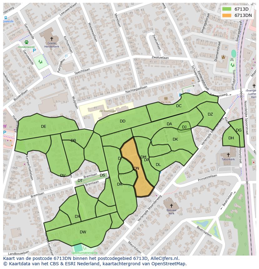 Afbeelding van het postcodegebied 6713 DN op de kaart.