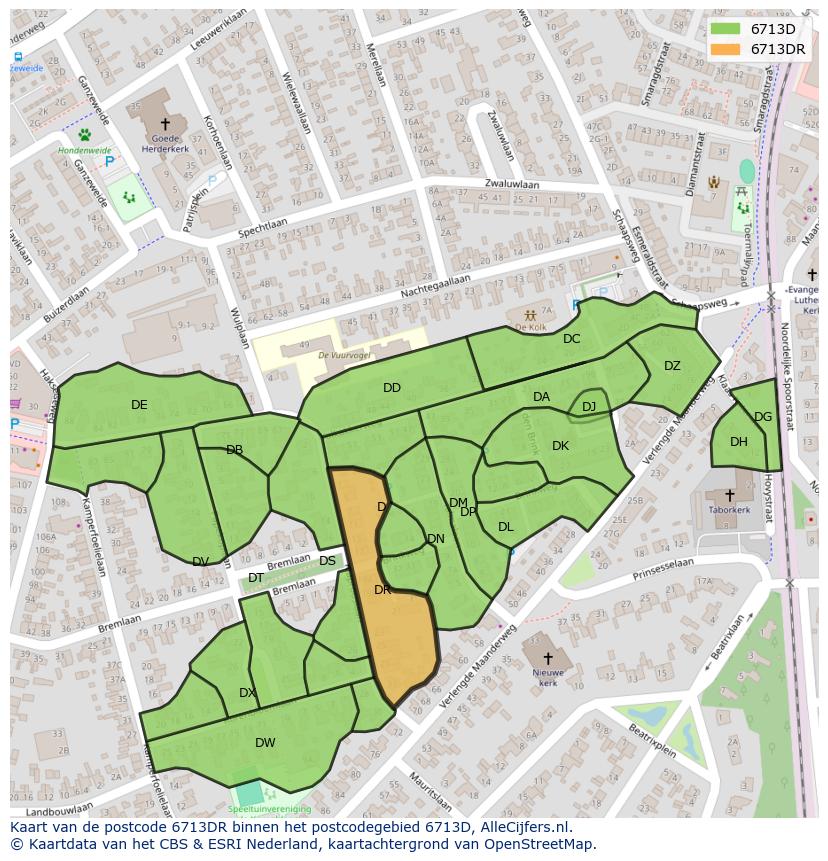 Afbeelding van het postcodegebied 6713 DR op de kaart.
