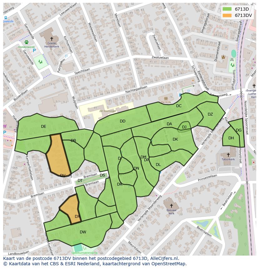 Afbeelding van het postcodegebied 6713 DV op de kaart.