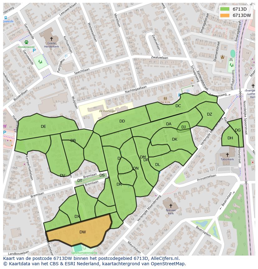 Afbeelding van het postcodegebied 6713 DW op de kaart.