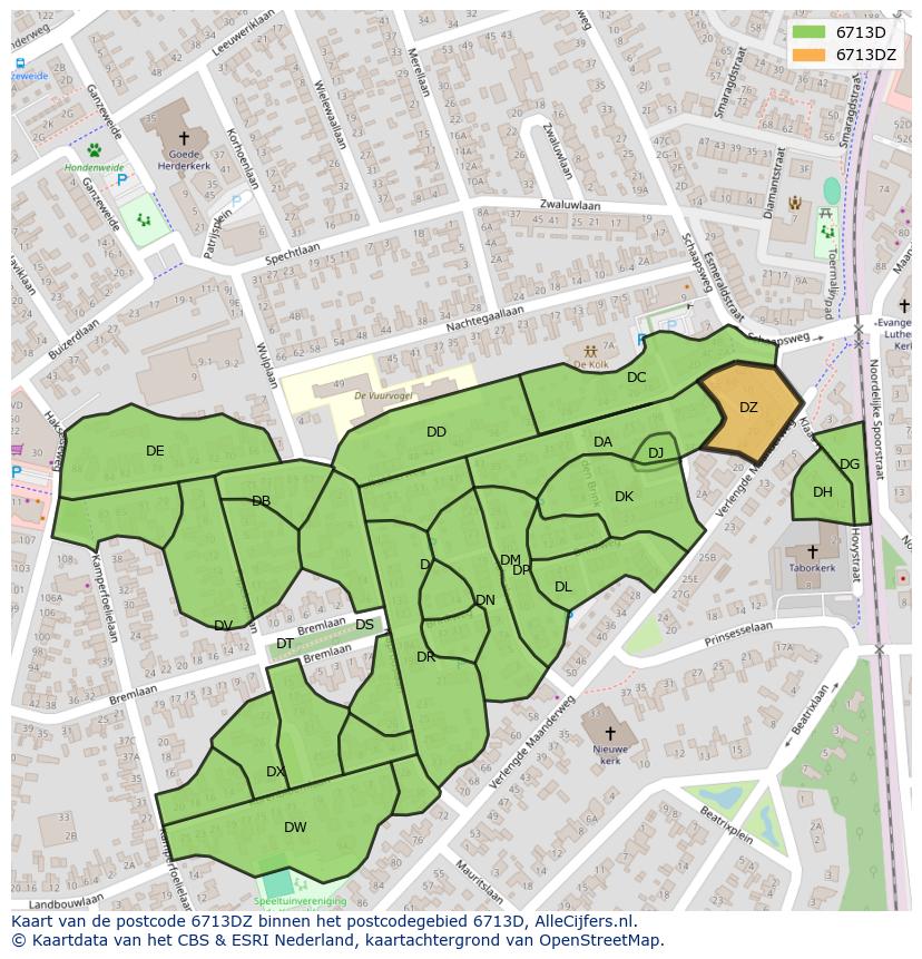Afbeelding van het postcodegebied 6713 DZ op de kaart.