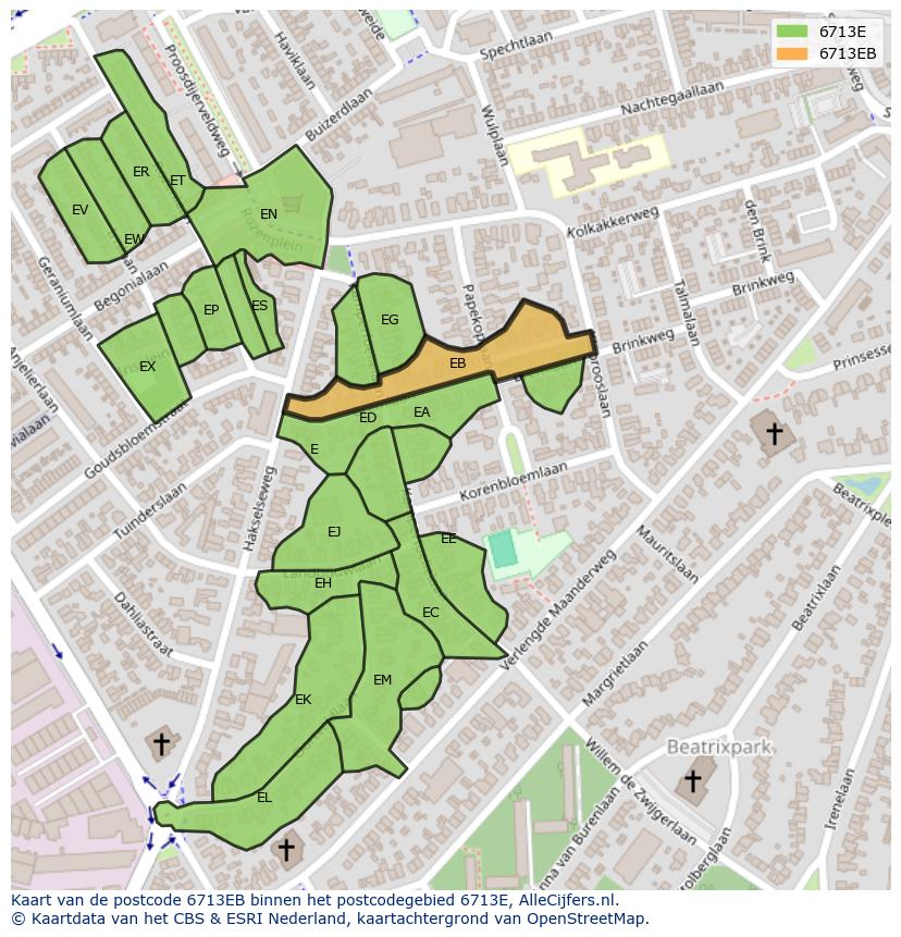 Afbeelding van het postcodegebied 6713 EB op de kaart.