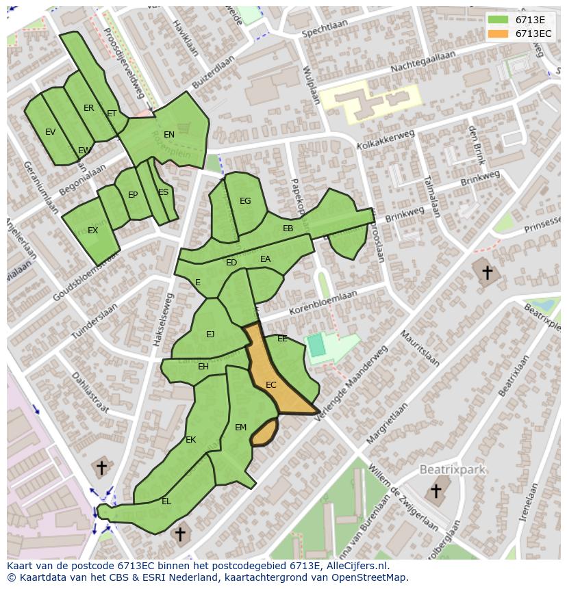 Afbeelding van het postcodegebied 6713 EC op de kaart.