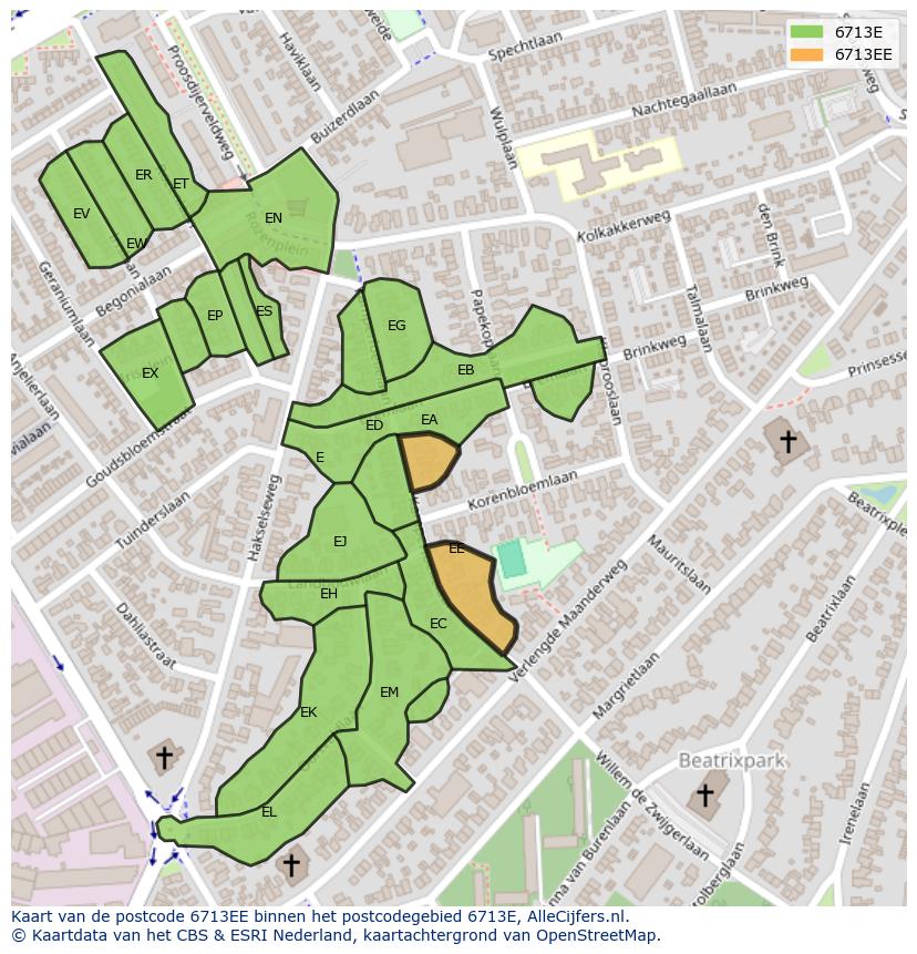 Afbeelding van het postcodegebied 6713 EE op de kaart.