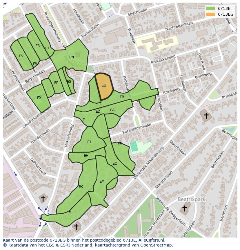 Afbeelding van het postcodegebied 6713 EG op de kaart.