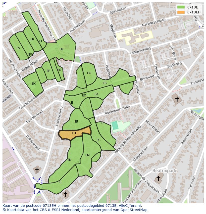 Afbeelding van het postcodegebied 6713 EH op de kaart.