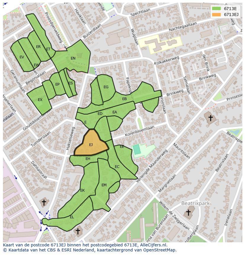 Afbeelding van het postcodegebied 6713 EJ op de kaart.