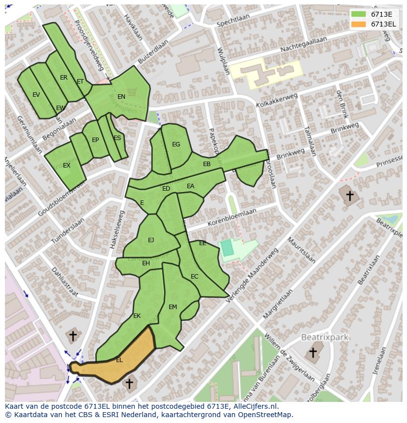 Afbeelding van het postcodegebied 6713 EL op de kaart.