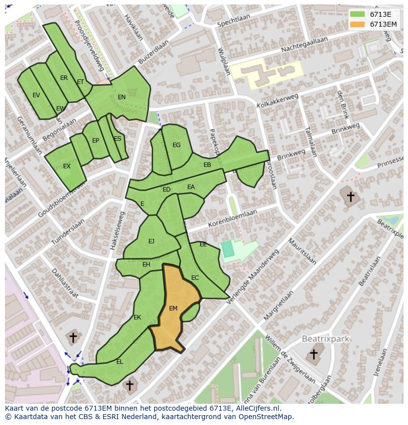 Afbeelding van het postcodegebied 6713 EM op de kaart.