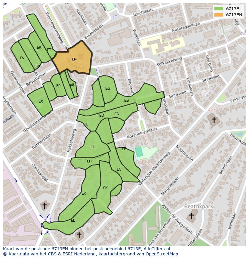 Afbeelding van het postcodegebied 6713 EN op de kaart.