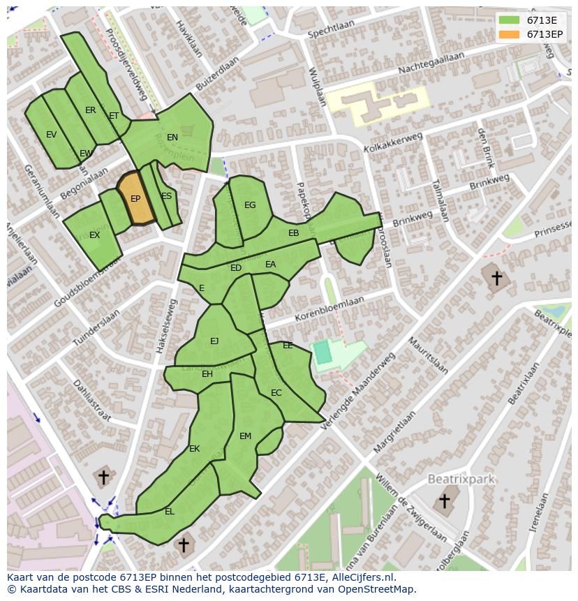 Afbeelding van het postcodegebied 6713 EP op de kaart.