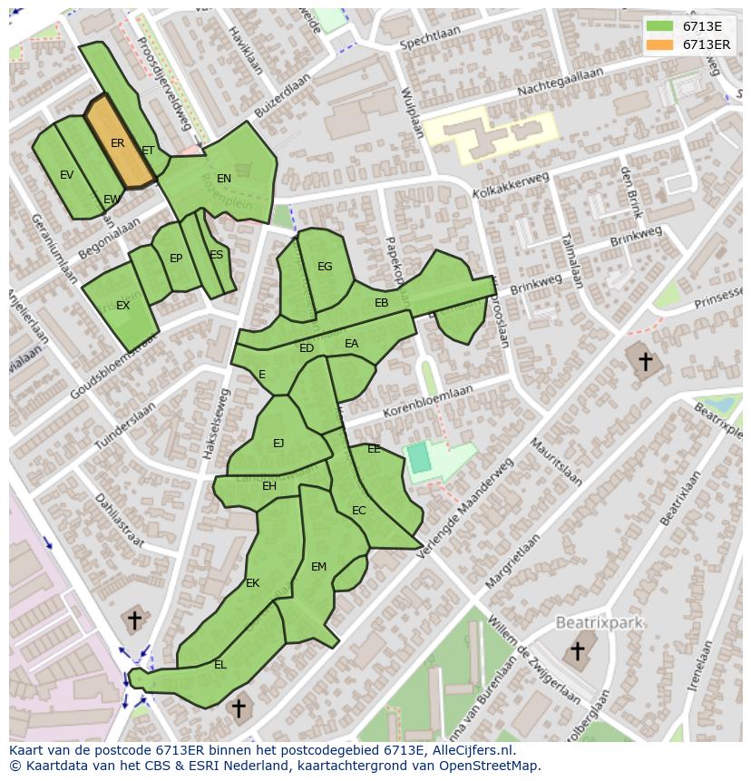 Afbeelding van het postcodegebied 6713 ER op de kaart.
