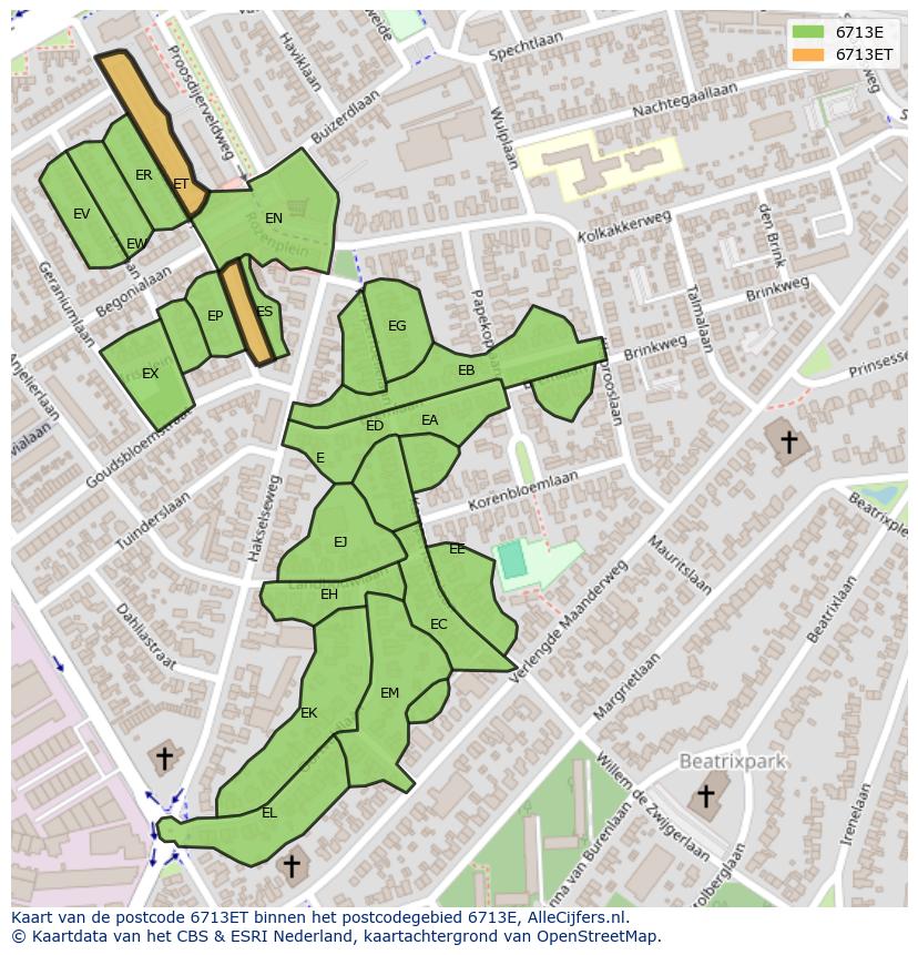 Afbeelding van het postcodegebied 6713 ET op de kaart.