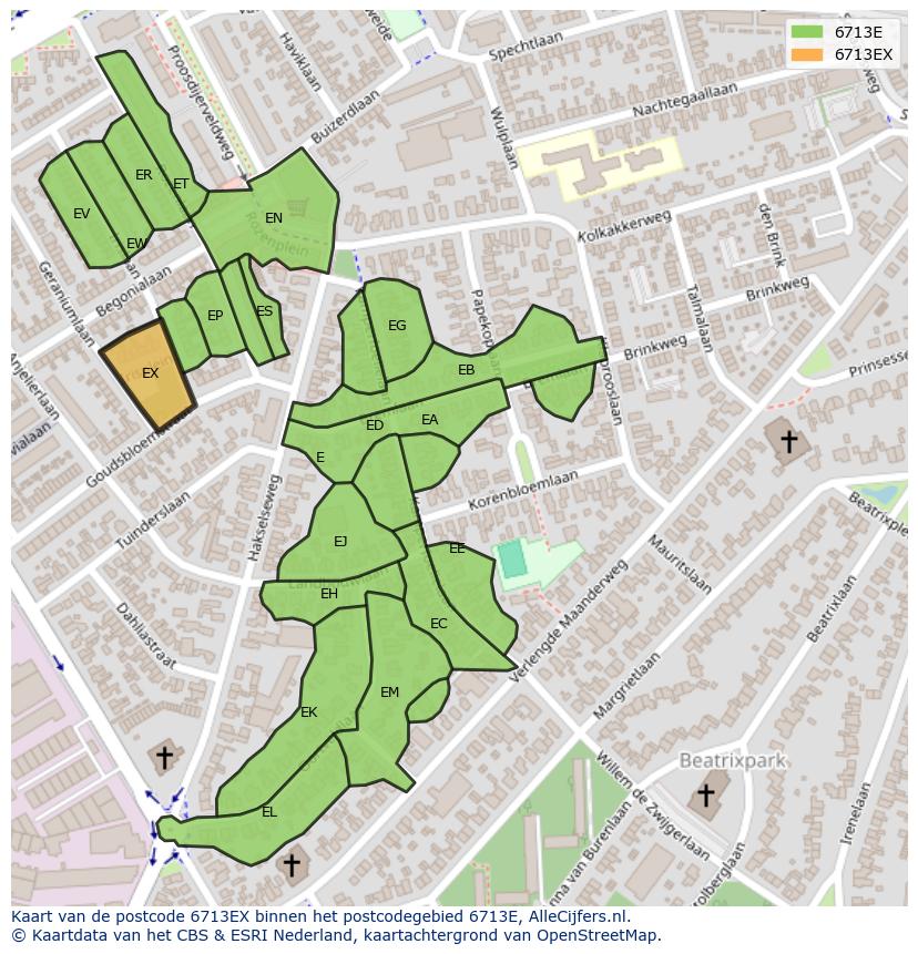 Afbeelding van het postcodegebied 6713 EX op de kaart.