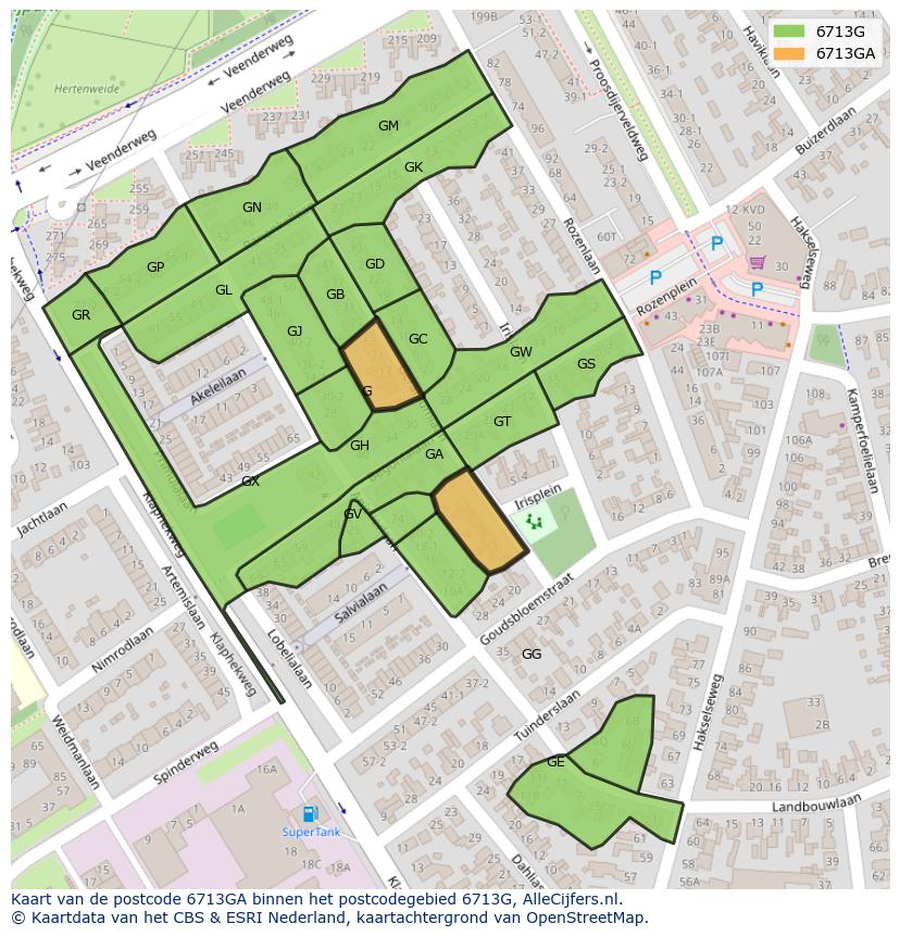 Afbeelding van het postcodegebied 6713 GA op de kaart.