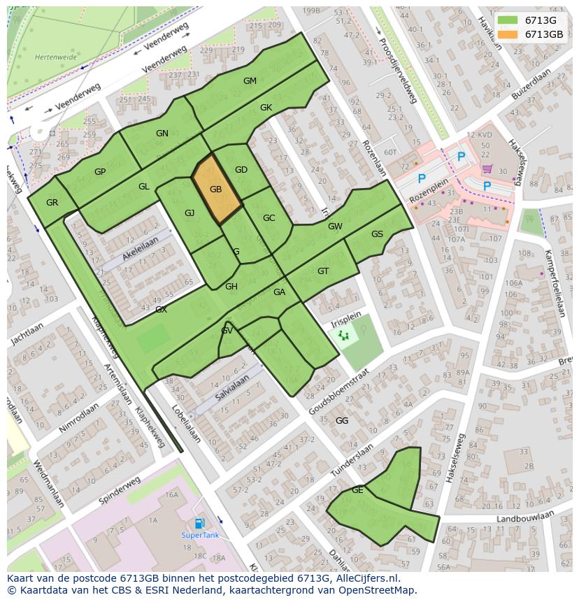 Afbeelding van het postcodegebied 6713 GB op de kaart.