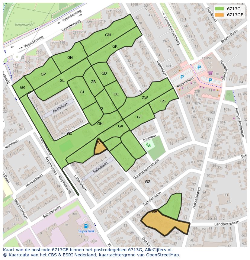 Afbeelding van het postcodegebied 6713 GE op de kaart.