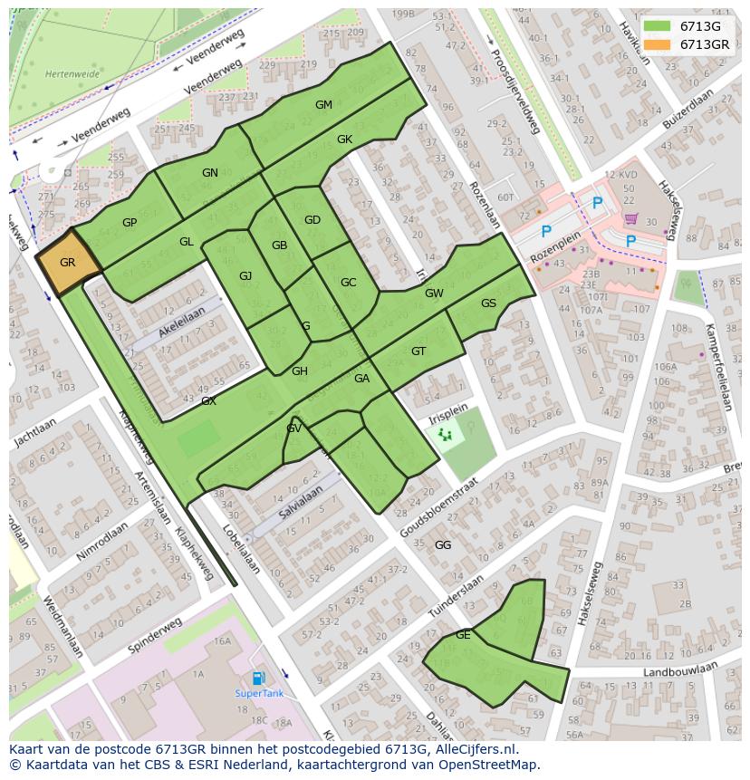 Afbeelding van het postcodegebied 6713 GR op de kaart.