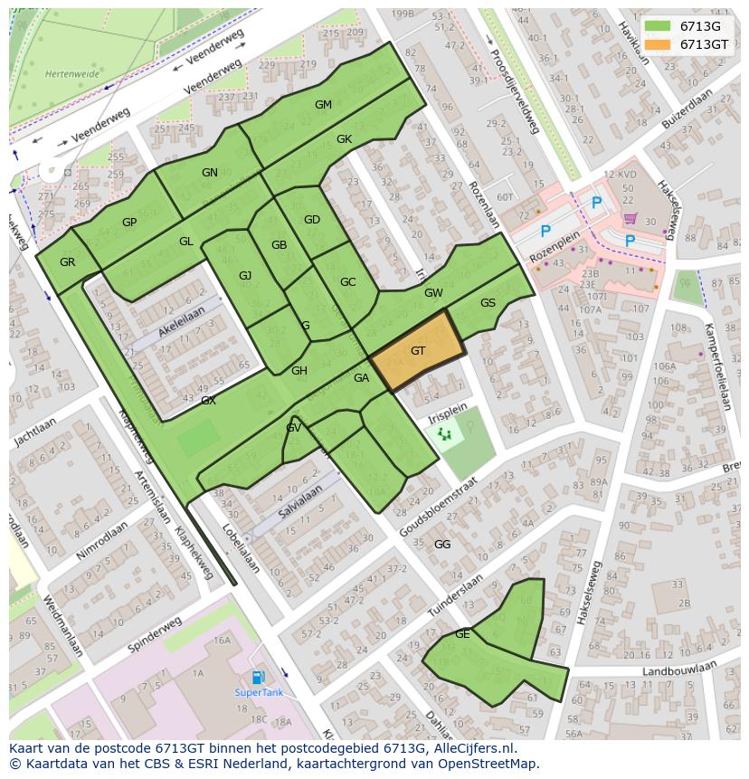 Afbeelding van het postcodegebied 6713 GT op de kaart.