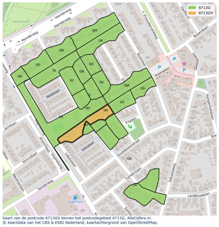 Afbeelding van het postcodegebied 6713 GV op de kaart.