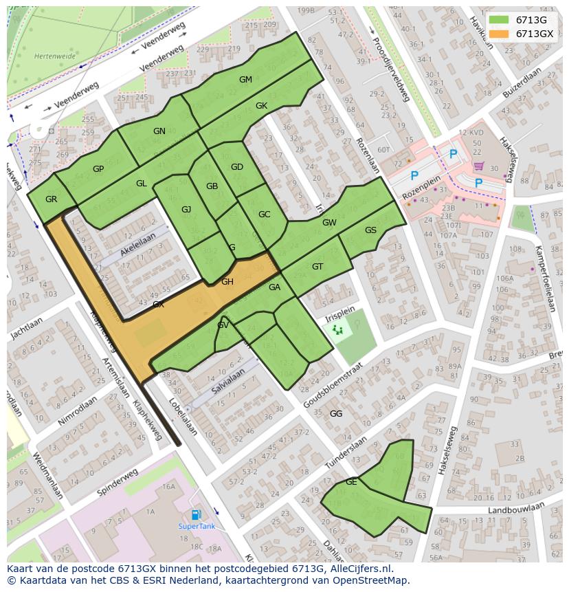 Afbeelding van het postcodegebied 6713 GX op de kaart.