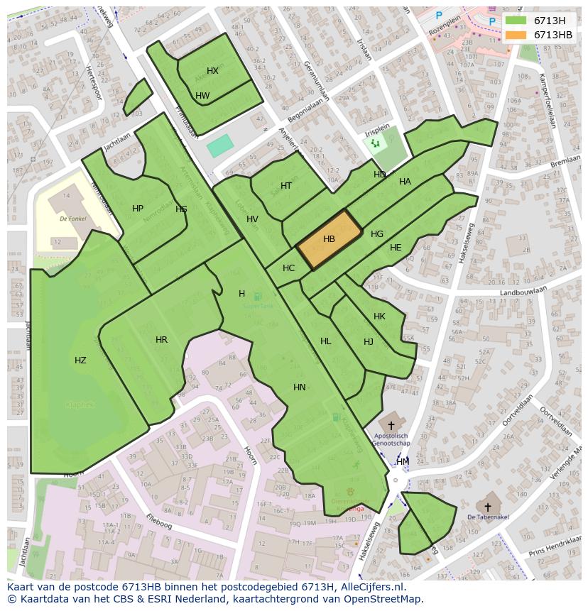 Afbeelding van het postcodegebied 6713 HB op de kaart.